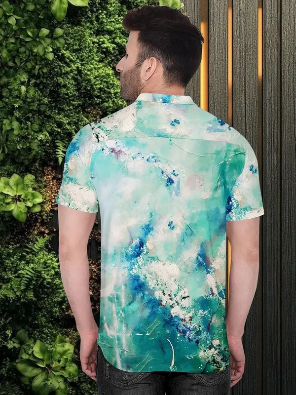 Multicolour_Butterfly_Print_Hawaiian_Shirt,_Short_Sleeve_Button_Down,_Turquoise_Blue_Watercolour_Design