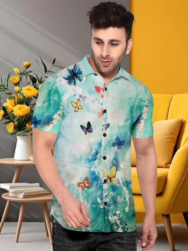 Multicolour_Butterfly_Print_Hawaiian_Shirt,_Short_Sleeve_Button_Down,_Turquoise_Blue_Watercolour_Design