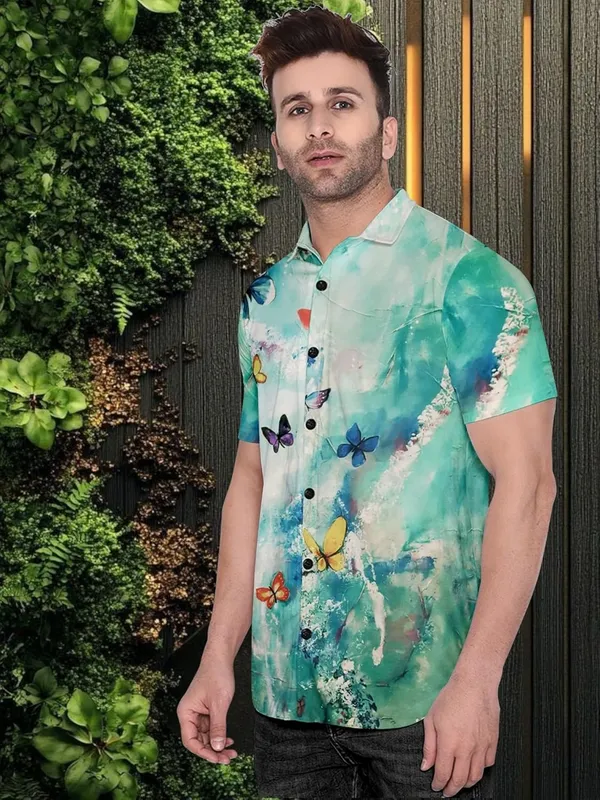 Multicolour_Butterfly_Print_Hawaiian_Shirt,_Short_Sleeve_Button_Down,_Turquoise_Blue_Watercolour_Design