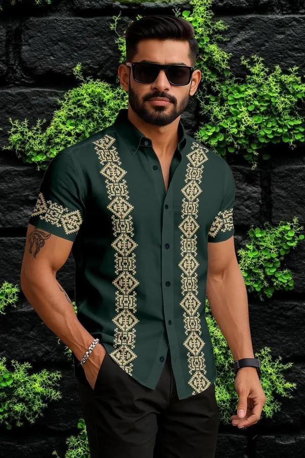 Green_Short_Sleeve_Button_Down_Shirt,_Forest_Green_With_Gold_Embroidered_Pattern,_Casual_Fit