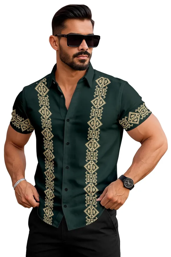 Green_Short_Sleeve_Button_Down_Shirt,_Forest_Green_With_Gold_Embroidered_Pattern,_Casual_Fit