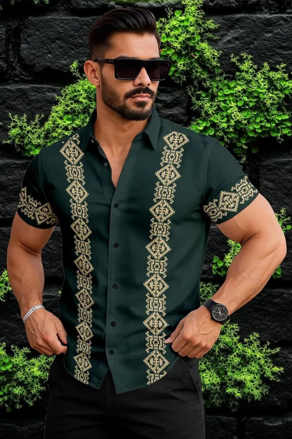 Green_Short_Sleeve_Button_Down_Shirt,_Forest_Green_With_Gold_Embroidered_Pattern,_Casual_Fit