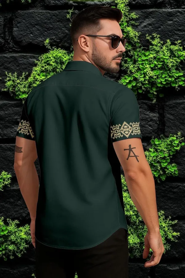 Green_Short_Sleeve_Button_Down_Shirt,_Forest_Green_With_Gold_Embroidered_Pattern,_Casual_Fit