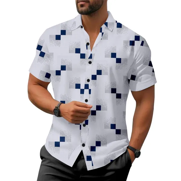 White_Short_Sleeve_Button_Down_Shirt,_Geometric_Print,_White_With_Navy_Blue_Pattern,_Casual_Fit