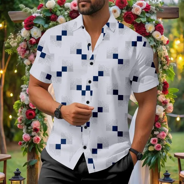 White_Short_Sleeve_Button_Down_Shirt,_Geometric_Print,_White_With_Navy_Blue_Pattern,_Casual_Fit