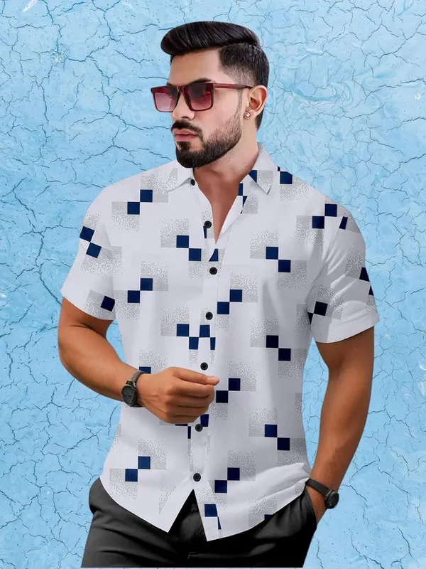 White_Short_Sleeve_Button_Down_Shirt,_Geometric_Print,_White_With_Navy_Blue_Pattern,_Casual_Fit