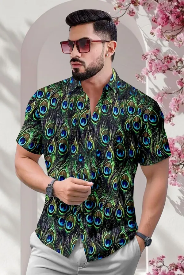 Multicolour_Peacock_Feather_Print_Short_Sleeve_Button-Down_Shirt,_Casual_Hawaiian_Style,_Green_And_Blue
