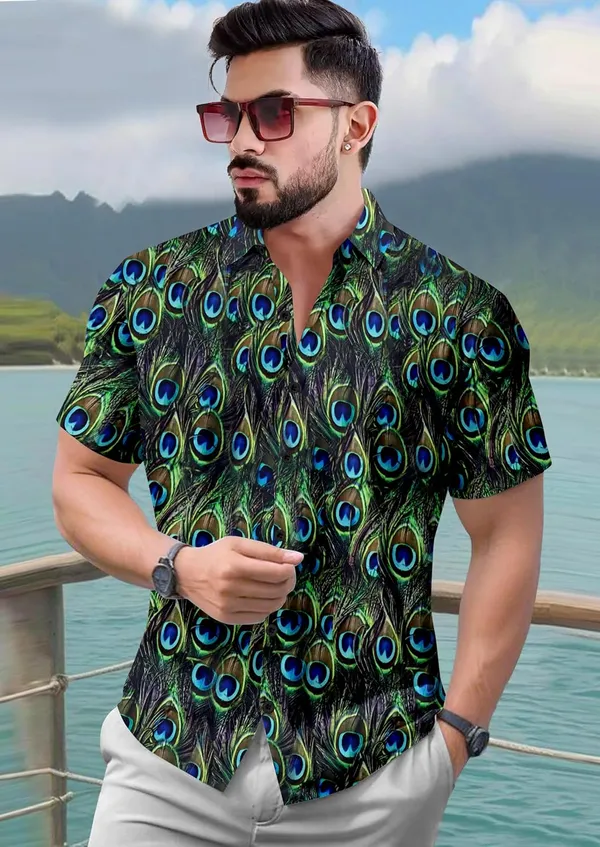 Multicolour_Peacock_Feather_Print_Short_Sleeve_Button-Down_Shirt,_Casual_Hawaiian_Style,_Green_And_Blue