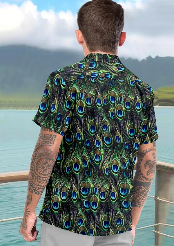 Multicolour_Peacock_Feather_Print_Short_Sleeve_Button-Down_Shirt,_Casual_Hawaiian_Style,_Green_And_Blue