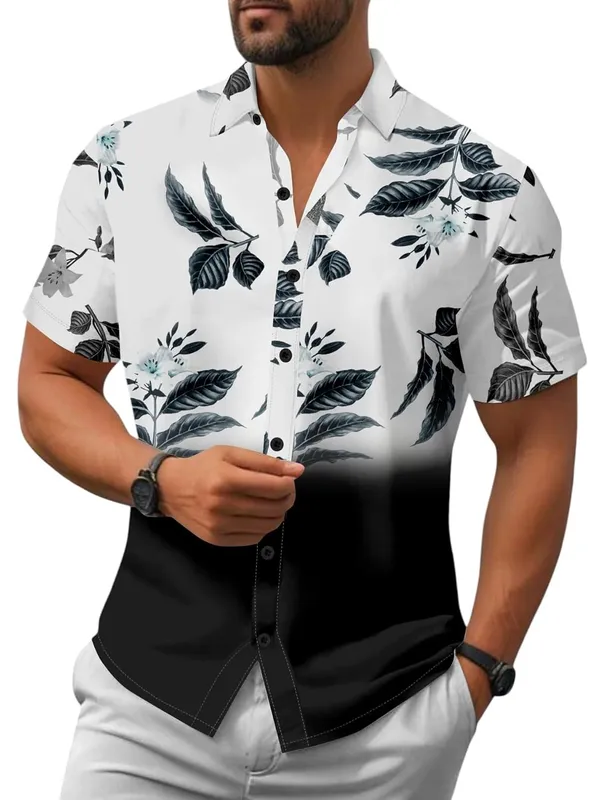 Black_Floral_Print_Hawaiian_Shirt,_Short_Sleeve_Button_Down,_White_And_Black_Ombre_With_Grey_Leaves