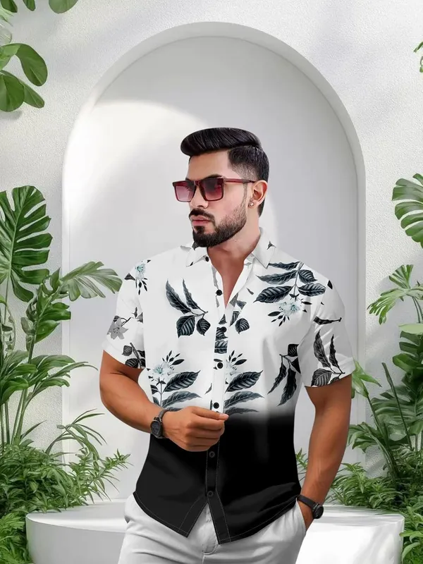 Black_Floral_Print_Hawaiian_Shirt,_Short_Sleeve_Button_Down,_White_And_Black_Ombre_With_Grey_Leaves