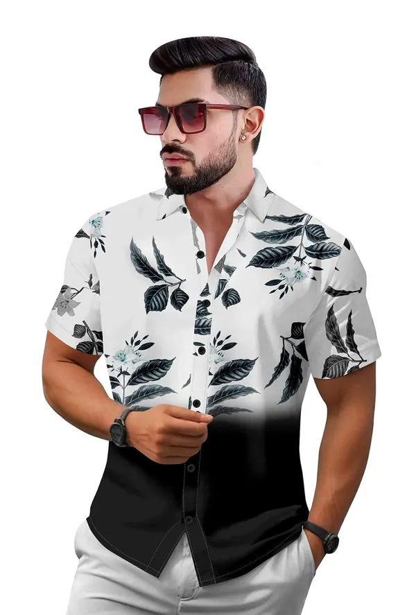 Black_Floral_Print_Hawaiian_Shirt,_Short_Sleeve_Button_Down,_White_And_Black_Ombre_With_Grey_Leaves