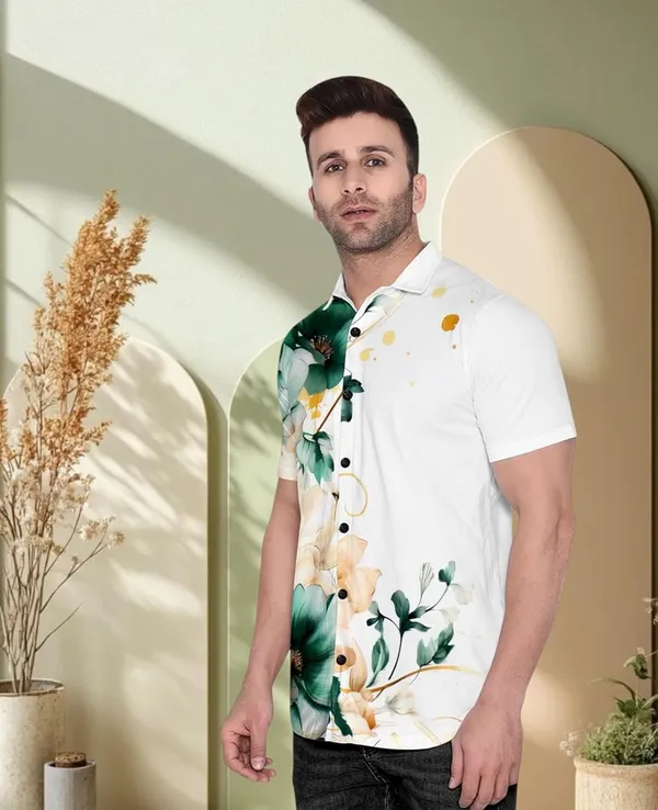 White_Floral_Print_Short_Sleeve_Shirt,_White_With_Green_And_Beige_Flowers,_Button_Down_Casual_Wear
