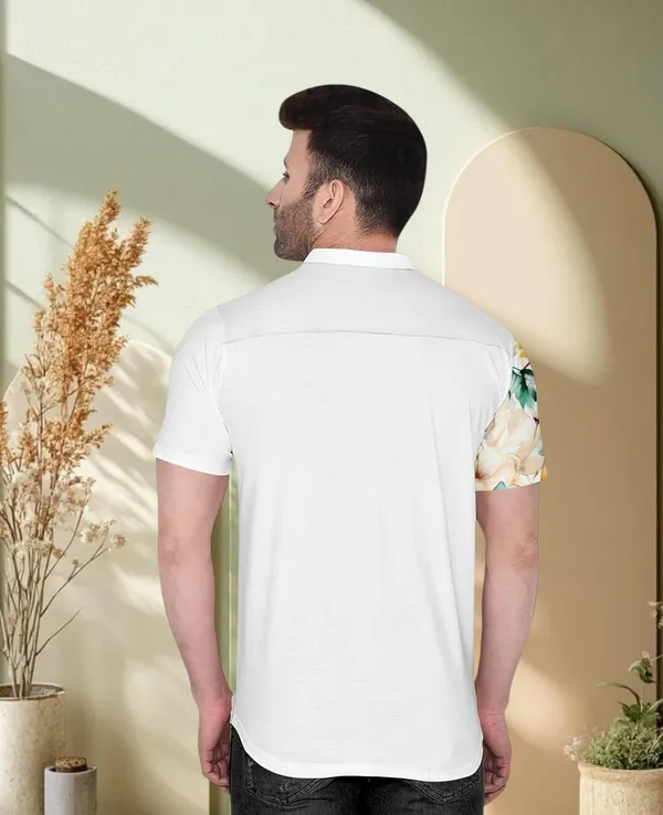 White_Floral_Print_Short_Sleeve_Shirt,_White_With_Green_And_Beige_Flowers,_Button_Down_Casual_Wear