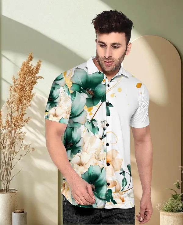 White_Floral_Print_Short_Sleeve_Shirt,_White_With_Green_And_Beige_Flowers,_Button_Down_Casual_Wear