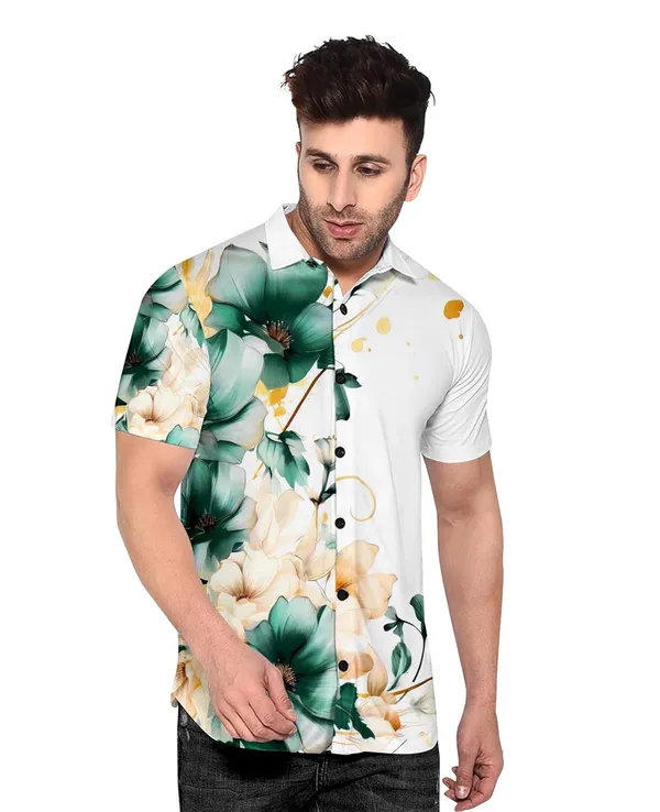 White_Floral_Print_Short_Sleeve_Shirt,_White_With_Green_And_Beige_Flowers,_Button_Down_Casual_Wear