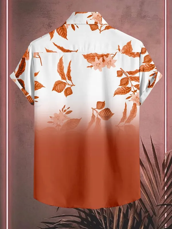 Orange_Floral_Print_Hawaiian_Shirt,_Short_Sleeve_Button_Down,_White_And_Black_Ombre_With_Grey_Leaves
