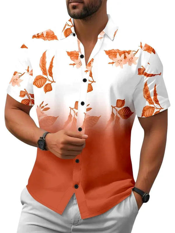 Orange_Floral_Print_Hawaiian_Shirt,_Short_Sleeve_Button_Down,_White_And_Black_Ombre_With_Grey_Leaves