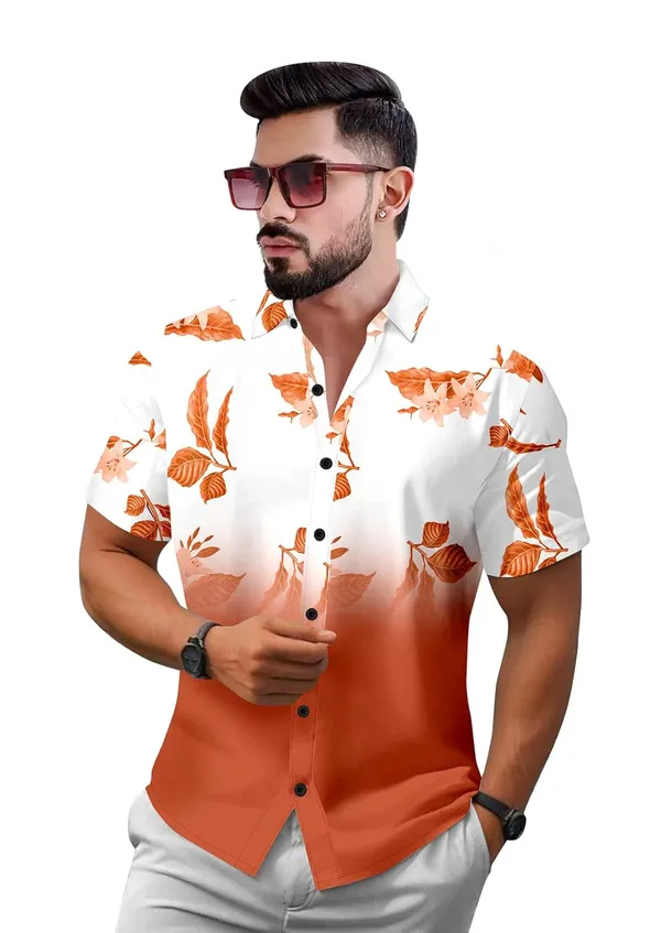 Orange_Floral_Print_Hawaiian_Shirt,_Short_Sleeve_Button_Down,_White_And_Black_Ombre_With_Grey_Leaves