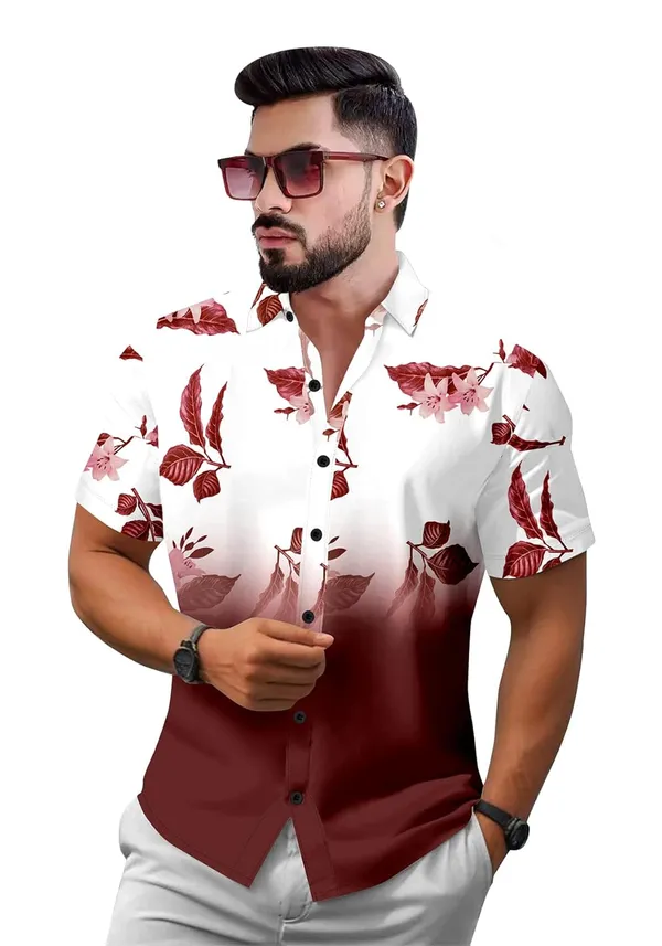 Red_Floral_Print_Hawaiian_Shirt,_Short_Sleeve_Button_Down,_White_And_Black_Ombre_With_Grey_Leaves