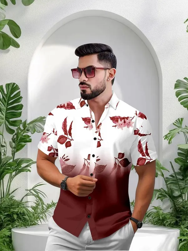 Red_Floral_Print_Hawaiian_Shirt,_Short_Sleeve_Button_Down,_White_And_Black_Ombre_With_Grey_Leaves