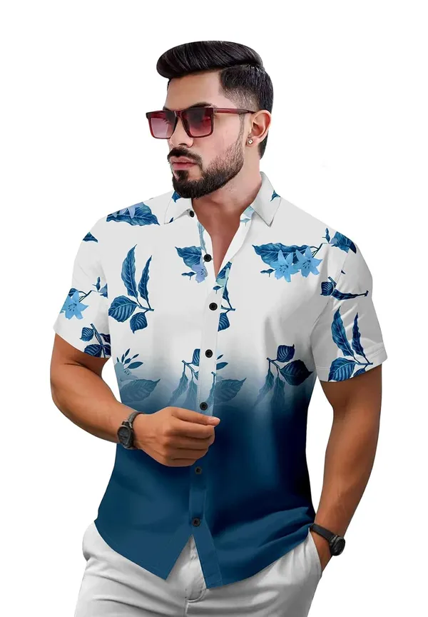 Blue_Floral_Print_Hawaiian_Shirt,_Short_Sleeve_Button_Down,_White_And_Black_Ombre_With_Grey_Leaves