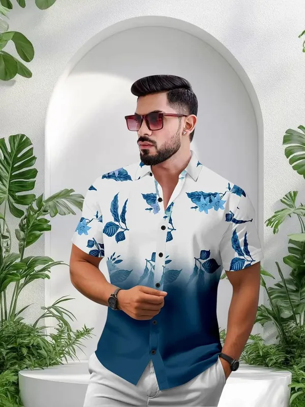 Blue_Floral_Print_Hawaiian_Shirt,_Short_Sleeve_Button_Down,_White_And_Black_Ombre_With_Grey_Leaves