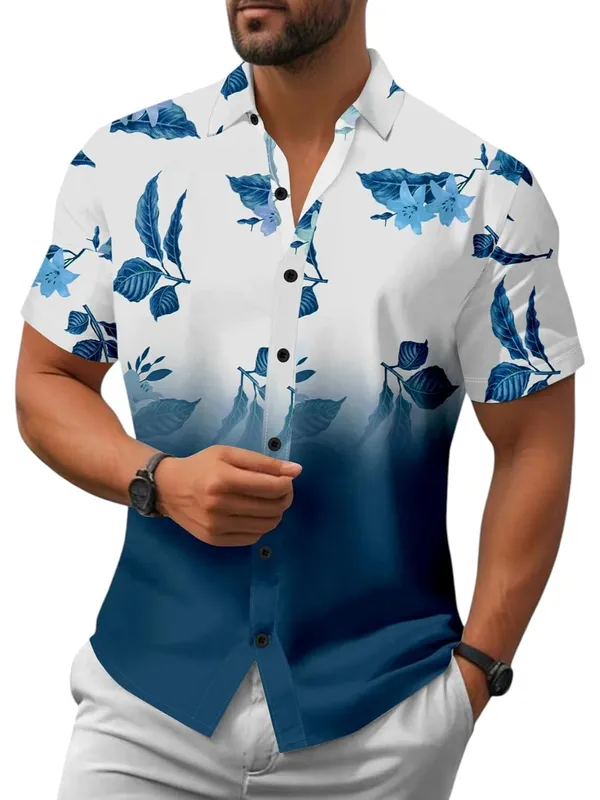 Blue_Floral_Print_Hawaiian_Shirt,_Short_Sleeve_Button_Down,_White_And_Black_Ombre_With_Grey_Leaves