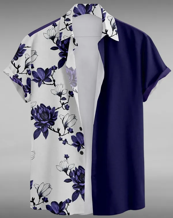 Blue_Floral_Print_Short_Sleeve_Button-Down_Shirt,_Navy_Blue_And_White,_Split_Design