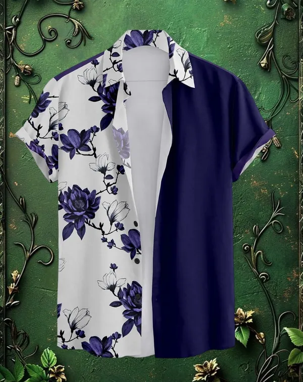 Blue_Floral_Print_Short_Sleeve_Button-Down_Shirt,_Navy_Blue_And_White,_Split_Design