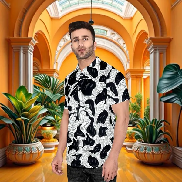 Black_Abstract_Pattern_Short_Sleeve_Button-Down_Shirt_Geometric_Design,_Casual_Wear