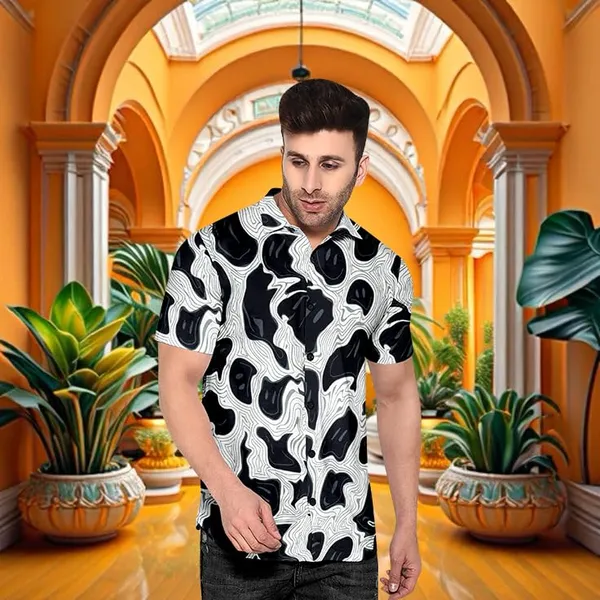 Black_Abstract_Pattern_Short_Sleeve_Button-Down_Shirt_Geometric_Design,_Casual_Wear