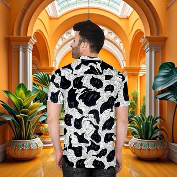 Black_Abstract_Pattern_Short_Sleeve_Button-Down_Shirt_Geometric_Design,_Casual_Wear