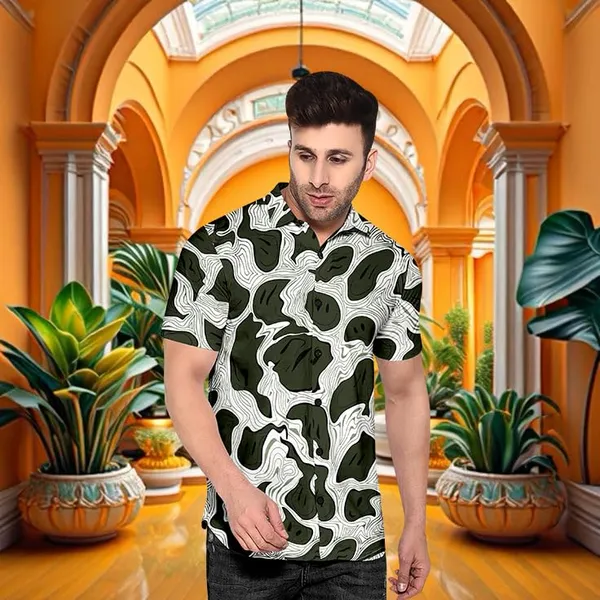 Green_Abstract_Pattern_Short_Sleeve_Button-Down_Shirt_Geometric_Design,_Casual_Wear