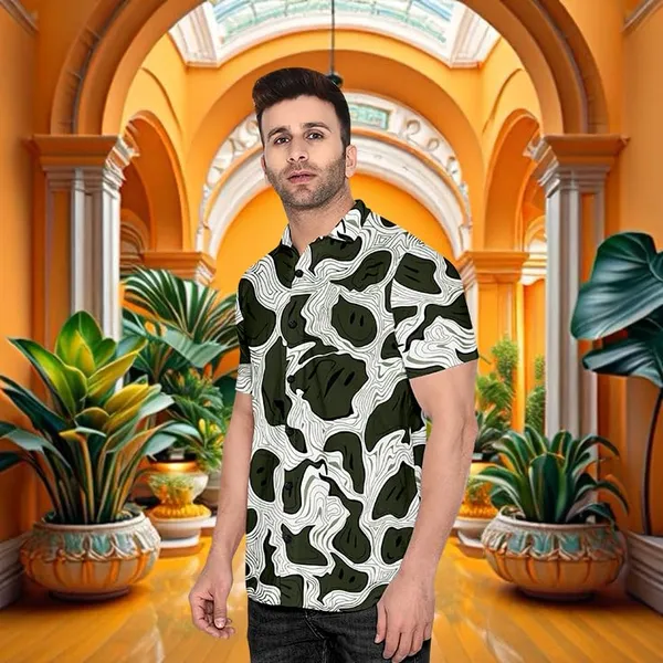 Green_Abstract_Pattern_Short_Sleeve_Button-Down_Shirt_Geometric_Design,_Casual_Wear