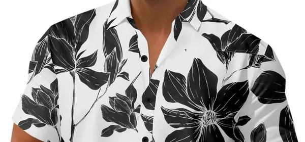 Black_Floral_Print_Hawaiian_Shirt,_Short_Sleeve,_White_And_Teal,_Casual_Button_Down