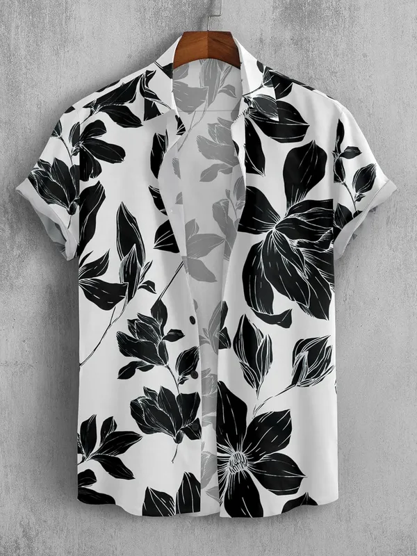 Black_Floral_Print_Hawaiian_Shirt,_Short_Sleeve,_White_And_Teal,_Casual_Button_Down