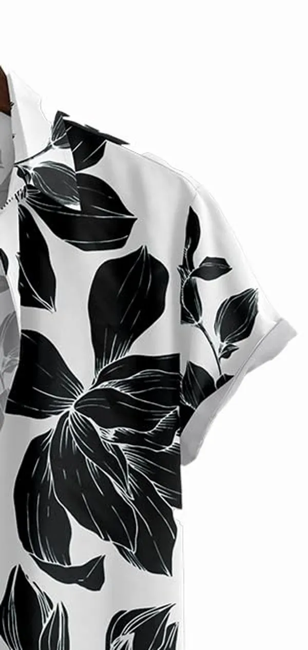 Black_Floral_Print_Hawaiian_Shirt,_Short_Sleeve,_White_And_Teal,_Casual_Button_Down