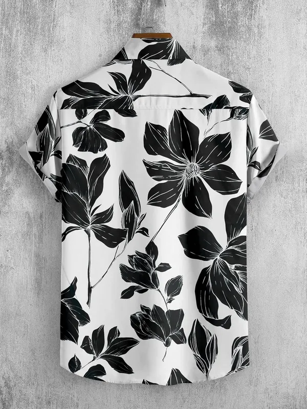 Black_Floral_Print_Hawaiian_Shirt,_Short_Sleeve,_White_And_Teal,_Casual_Button_Down