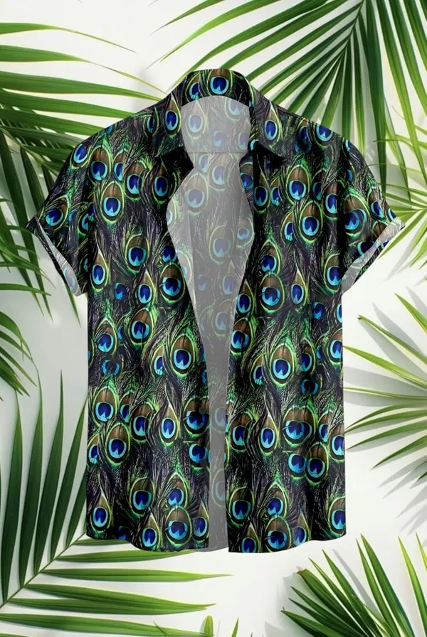 Multicolour_Short_Sleeve_Button-Down_Shirt,_Geometric_Triangle_Print_Pattern,_Casual_Summer_Wear