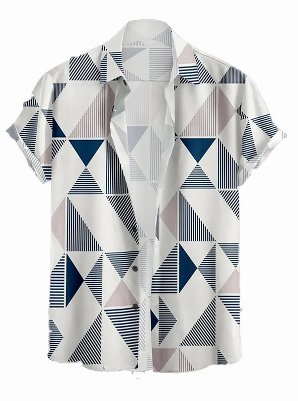 Blue_Short_Sleeve_Button-Down_Shirt,_Geometric_Triangle_Print,_Navy_And_White_Pattern