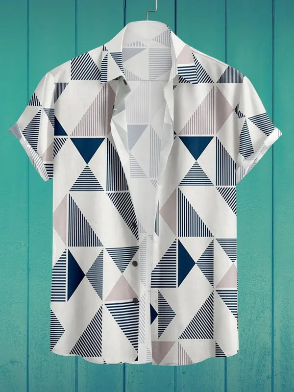 Blue_Short_Sleeve_Button-Down_Shirt,_Geometric_Triangle_Print,_Navy_And_White_Pattern