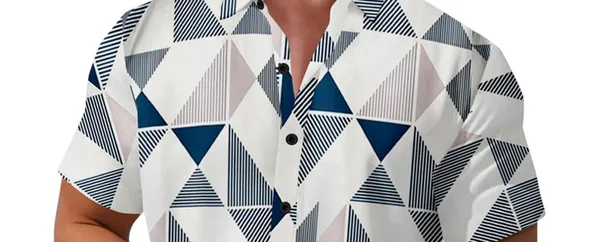 Blue_Short_Sleeve_Button-Down_Shirt,_Geometric_Triangle_Print,_Navy_And_White_Pattern