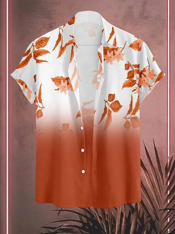Orange_Casual_Button_Down_Shirt,_Short_Sleeve,_Leaf_Print_Ombre_Design,_Regular_Fit,_Cotton_Blend