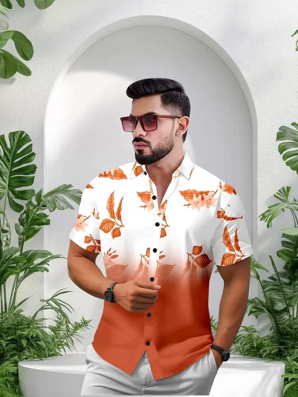 Orange_Casual_Button_Down_Shirt,_Short_Sleeve,_Leaf_Print_Ombre_Design,_Regular_Fit,_Cotton_Blend