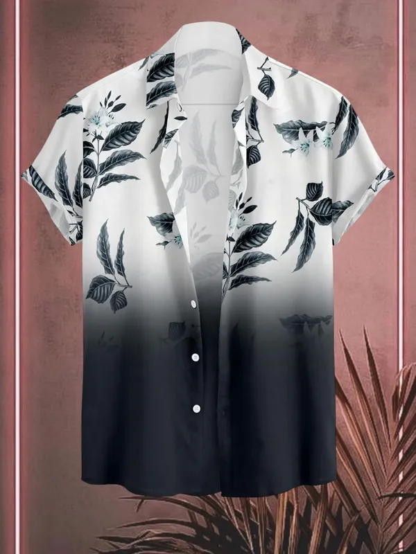 Black_Casual_Button_Down_Shirt,_Short_Sleeve,_Leaf_Print_Ombre_Design,_Regular_Fit,_Cotton_Blend
