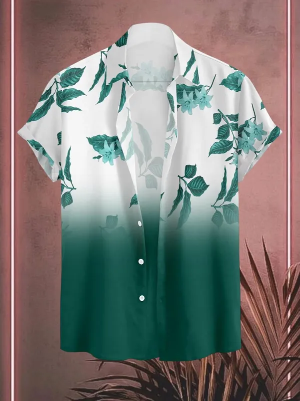 Green_Casual_Button_Down_Shirt,_Short_Sleeve,_Leaf_Print_Ombre_Design,_Regular_Fit,_Cotton_Blend