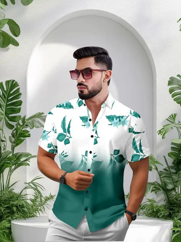Green_Casual_Button_Down_Shirt,_Short_Sleeve,_Leaf_Print_Ombre_Design,_Regular_Fit,_Cotton_Blend