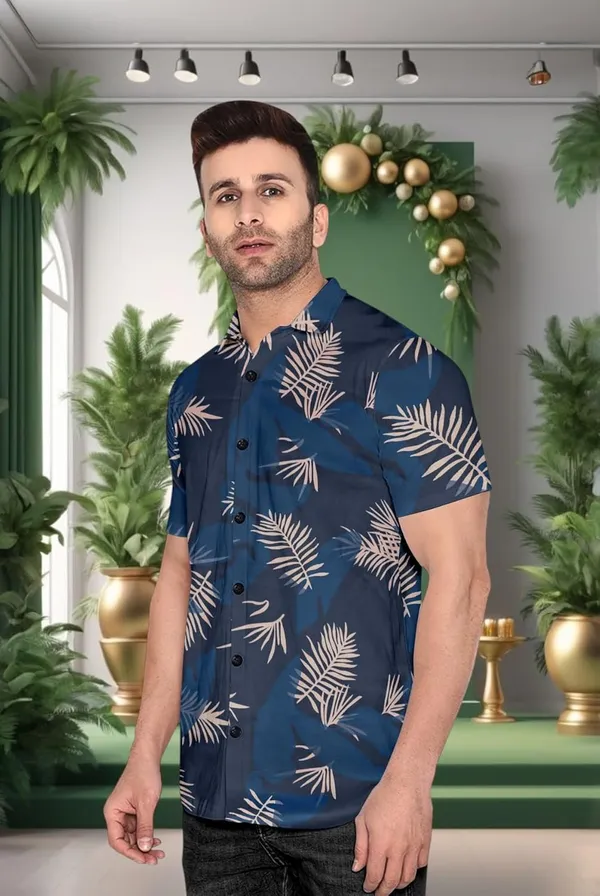 Blue_Hawaiian_Print_Short_Sleeve_Shirt,_Navy_Blue_With_Palm_Leaf_Pattern,_Casual_Button_Down