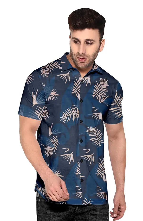 Blue_Hawaiian_Print_Short_Sleeve_Shirt,_Navy_Blue_With_Palm_Leaf_Pattern,_Casual_Button_Down